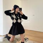 Puff Sleeve Blouse / Argyle Knit Vest / A-line Mini Skirt