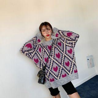 Heart-patterned Oversized Sweater Purple - One Size