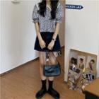 Short-sleeve Floral Blouse / Denim A-line Skirt / Set