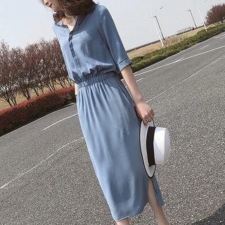 Elbow-sleeve Gathered Waist Midi Shirt Dress