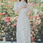 Short-sleeve Floral Split Midi Qipao Dress