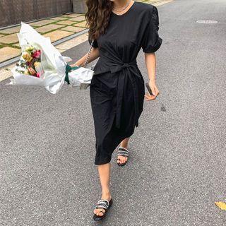 Shirred-sleeve Tie-side Long Dress