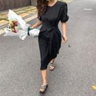 Shirred-sleeve Tie-side Long Dress