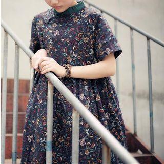 Floral Print Short Sleeve Mandarin Collar Midi Dress