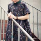 Floral Print Short Sleeve Mandarin Collar Midi Dress