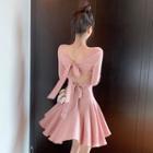 Long-sleeve Bow-back Ribbed Mini A-line Dress