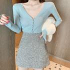 Plain V-neck Long-sleeve Slim-fit Knit Top / Glittered Slim-fit Skirt