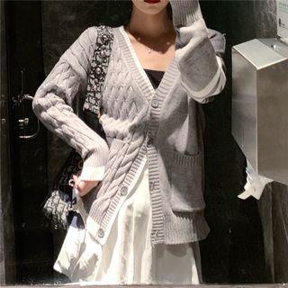 V-neck Cable Knit Cardigan Gray - One Size