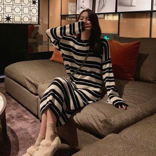 Striped Long-sleeve Knit Dress Stripes - Black & White - One Size
