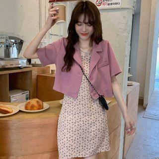 Short-sleeve Blazer / Spaghetti Strap Floral Print Mini Dress