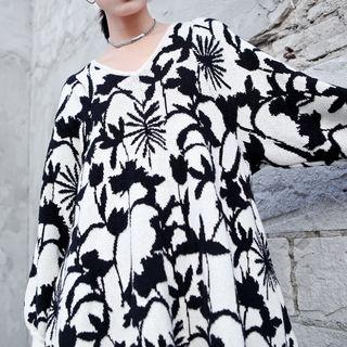 V-neck Flower Print Sweater Dress  - One Size