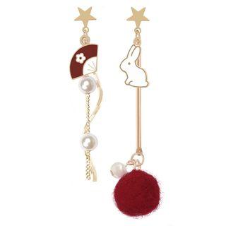 Alloy Rabbit & Fan Bobble Dangle Earring