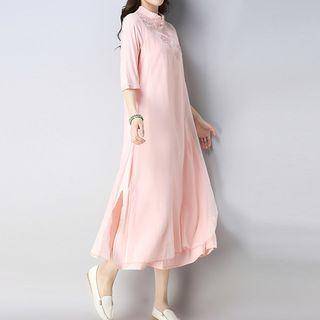 Side Slit Elbow-sleeve A-line Dress
