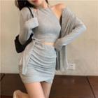 Halter-neck Camisole Top / Long-sleeve Cardigan / High-waist Asymmetrical Mini Skirt