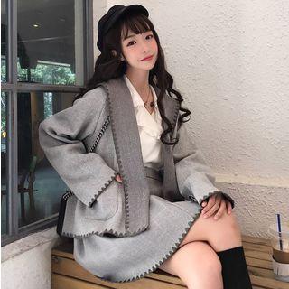 Set: Open-front Herringbone Jacket + Mini A-line Skirt