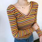 Color-block Striped Short-sleeve Slim-fit Knit Top