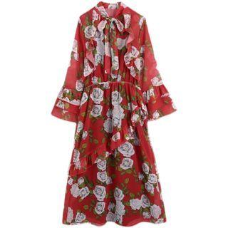 Flared-sleeve Floral Midi Sundress