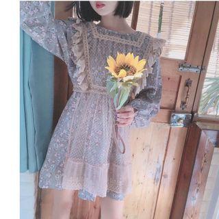 Lace Cover / Long-sleeve Floral Print Dress