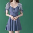 Puff-sleeve Bow Accent Swim Dress