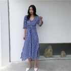 Gingham V-neck 3/4-sleeve A-line Midi Dress