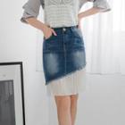Paneled Pleated Pencil-cut Denim Skirt