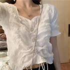 Drawstring Short-sleeve Blouse / High Waist Straight-cut Pants