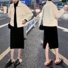Fleece Button Jacket / Mock Neck Long-sleeve Midi Knit Dress / Set