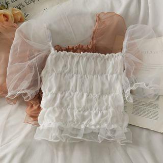 Mesh Push-sleeve Smocked Crop Top