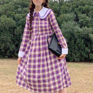Long-sleeve Plaid Sashed Dress Purple - One Size