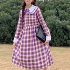 Long-sleeve Plaid Sashed Dress Purple - One Size