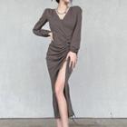 Long-sleeve Drawstring Side-slit Midi Sheath Dress