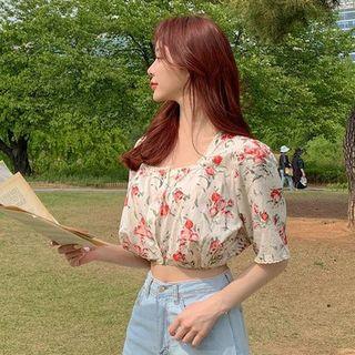 Floral Short-sleeve Crop Top As Shown In Figure - One Size