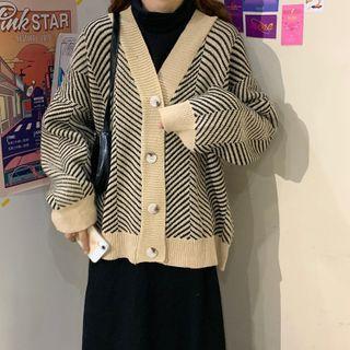 V-neck Stripe Single Breasted Loose Fit Cardigan
