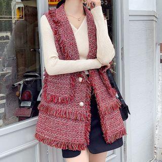 Fringed Trim Buttoned Tweed Vest