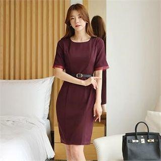 Mesh-trim Sheath Dress With Belt