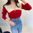 Long-sleeve Color Block Wide Collar Knit Top
