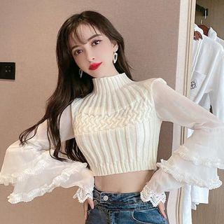 Lace Trim Flared-sleeve Cropped Knit Top