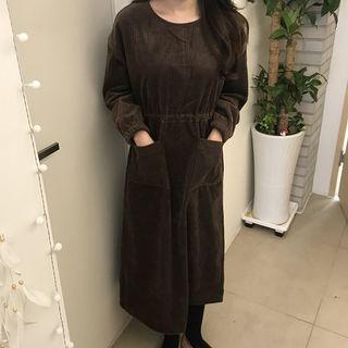 Long-sleeve Drawstring-waist Midi A-line Corduroy Dress