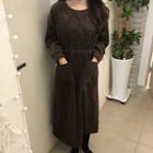 Long-sleeve Drawstring-waist Midi A-line Corduroy Dress