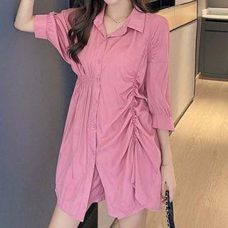 Set: Elbow-sleeve Ruched Plain Shirt + Plain Wide-leg Shorts
