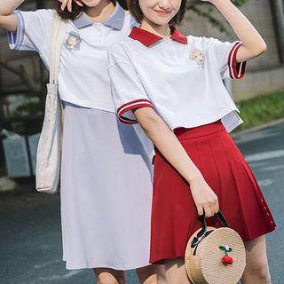 Mock Two-piece Dress / Contrast-collar Top / Pleated Skirt