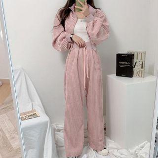 Set: Long Sleeve Plain Cropped Cardigan + Elastic Waist Ribbed Pants