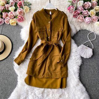 Tie-waist Mini Corduroy Shirtdress