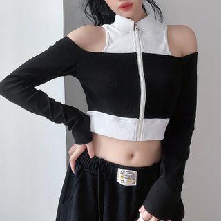 Long-sleeve Cold-shoulder Two-tone Zip-up Crop Top