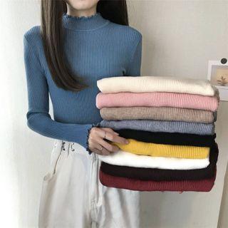 Mock Neck Frill Trim Plain Knit Top