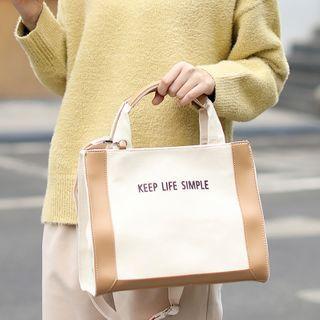 Top Handle Two-tone Panel Lettering Crossbody Bag