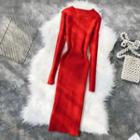 Long-sleeve Cut-out Midi Sheath Knit Dress