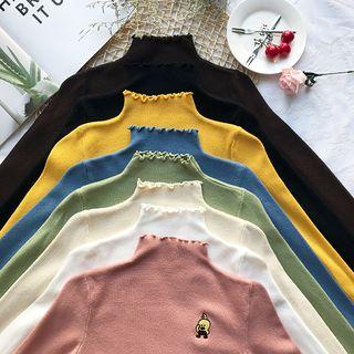 Mock Turtleneck Embroidered Knit Top