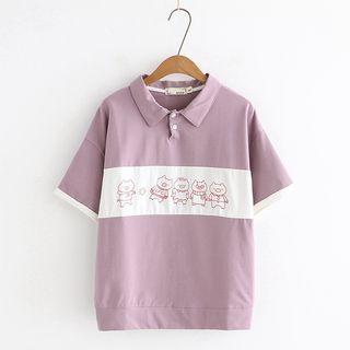 Pig Print Color Block Elbow-sleeve Polo Shirt