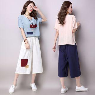 Set : Linen Cotton Short-sleeve Top + Capri Wide-leg Pants